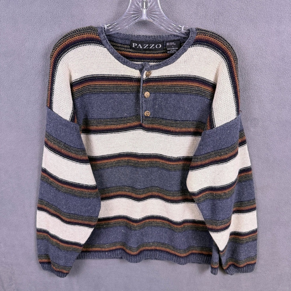 VTG Pazzo Henley Sweater Mens Large Striped Heavy Knit Long Sleeve Grunge